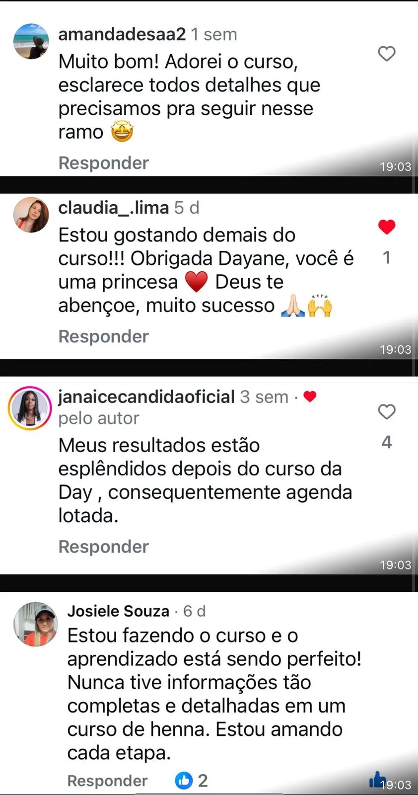 Depoimentos de alunas do método Henna Sem Segredos
